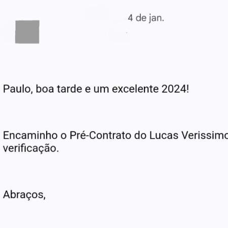 Corinthians divulga parte de e-mail enviado ao empresário de Lucas Veríssimo com o pré-contrato do jogador