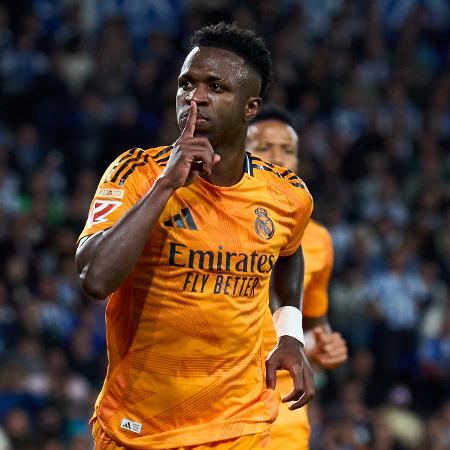 Vinicius Jr, do Real Madrid, comemora gol contra a Real Sociedad pelo Espanhol -  Juan Manuel Serrano Arce/Getty Images