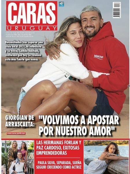 Arrascaeta e sua futura esposa em destaque na revista Caras Uruguay. - Reprodução