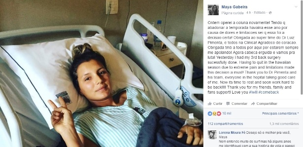 Maya Gabeira passou por cirurgia na coluna na última sexta-feira (15) - Reprodução/Facebook