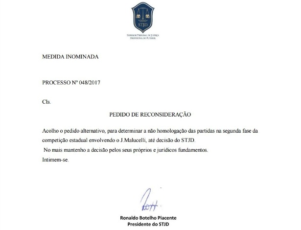 Acolhimento foi assinado por Ronaldo Piacente, presidente do STJD - Reprodução