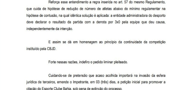 Trecho de decisão do TJD sobre pedido de liminar do Vitória sobre resultado do Ba-Vi - Reprodução/TJD-BA - Reprodução/TJD-BA