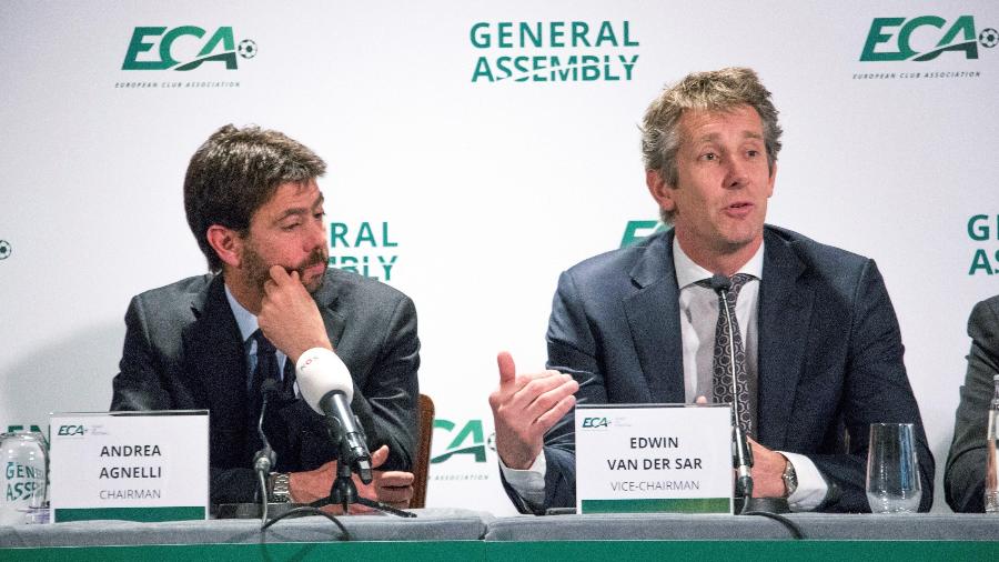 Andrea Agnelli e Edwin van der Sar falam em entrevista coletiva da Associação de Clubes Europeus - EFE/ David Morales Urbaneja