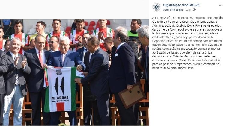 Print da postagem feita pela Organização Sionista do RS - Reprodução - Reprodução
