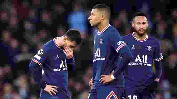 Lionel Messi, Mbappé e Neymar durante partida entre PSG e Manchester City na Liga dos Campeões - Reuters/Carl Recine - Reuters/Carl Recine