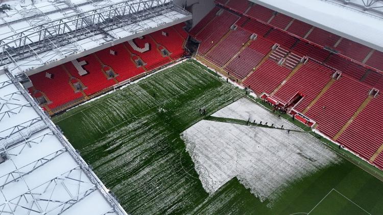 Gramado do Anfield com neve antes do jogo entre Liverpool e Manchester United