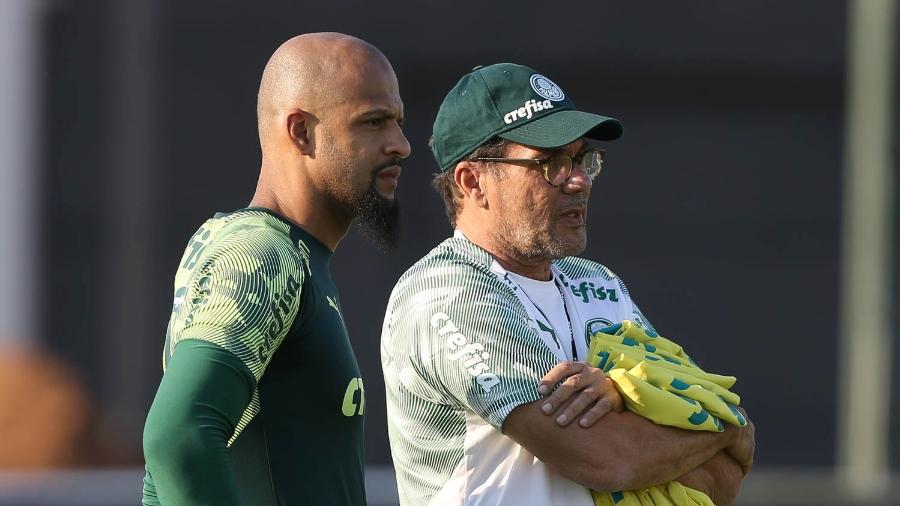 Felipe Melo e Vanderlei Luxemburgo conversam durante treino do Palmeiras - Cesar Greco/Palmeiras