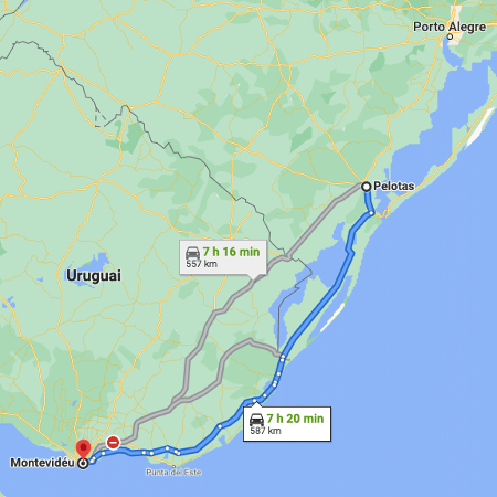 Em azul o trajeto dos palmeirenses, o dos rubro-negros em cinza partindo de Pelotas - Google Maps