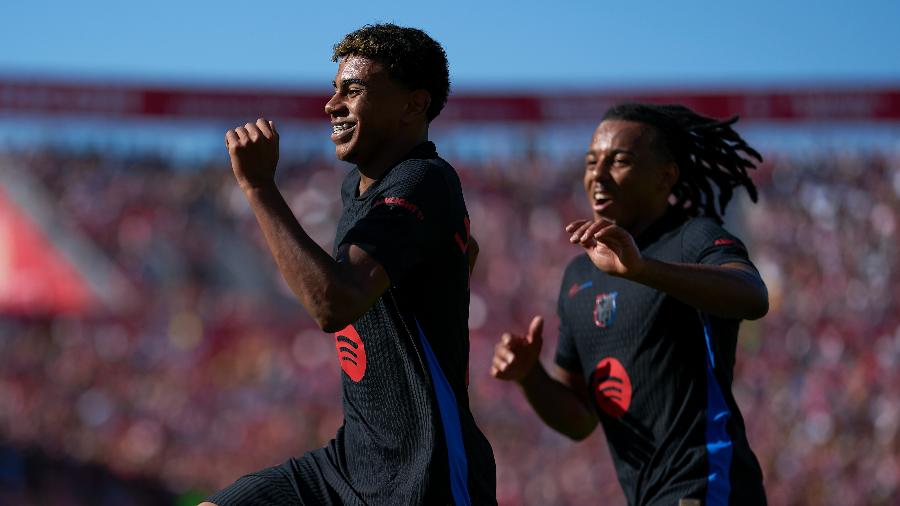 Lamine Yamal comemora gol do Barcelona contra o Girona, pelo Espanhol - Pedro Salado/Getty Images