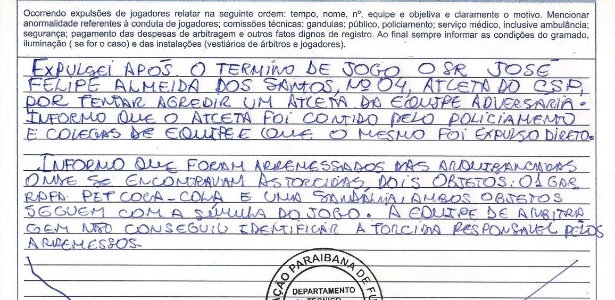 Trecho de súmula do jogo entre Botafogo-PB x CSP, pelo Paraibano - Reprodução/SIte oficial da Federação Paraibana de Futebol - Reprodução/SIte oficial da Federação Paraibana de Futebol