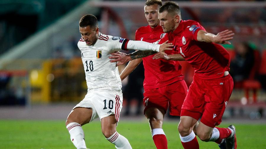 Eden Hazard durante a partida entre Bélgica e Belarus, pelas Eliminatórias para a Copa de 2022 - Roman Kruchinin / AFP