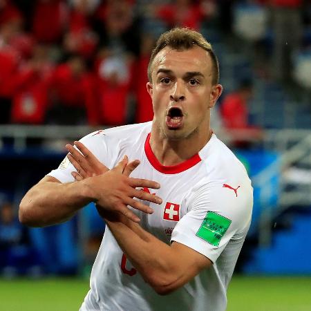 Shaqiri comemora gol na Copa do Mundo pela Suíça, contra a Sérvia Shaqiri comemora gol na Copa do Mundo pela Suíça, contra a Sérvia