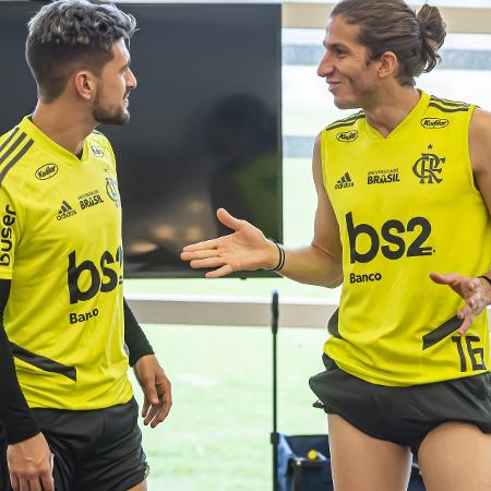 Arrascaeta e Filipe Luís durante recuperação de lesões no Ninho do Urubu, CT do Flamengo - Marcelo Cortes/Flamengo