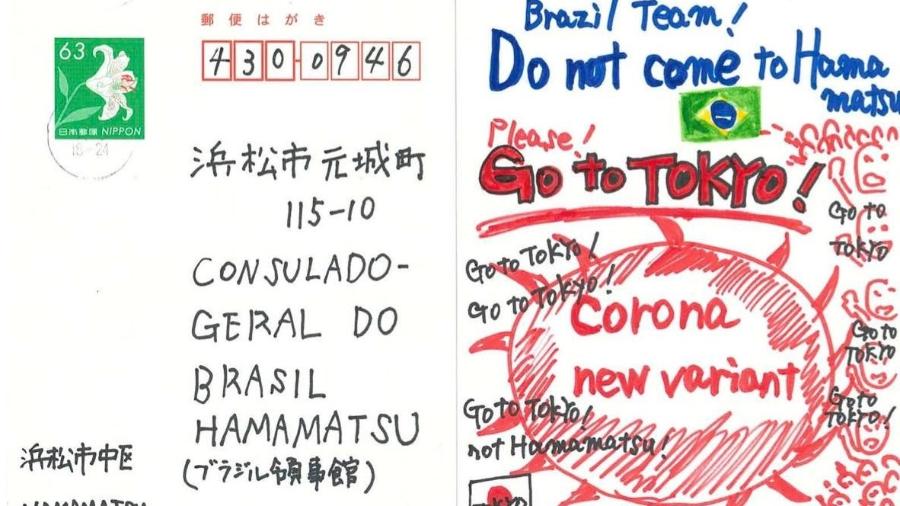 Cartão enviado ao consulado do Brasil protesta contra chegada de atletas brasileiros em Hamamatsu - Reprodução