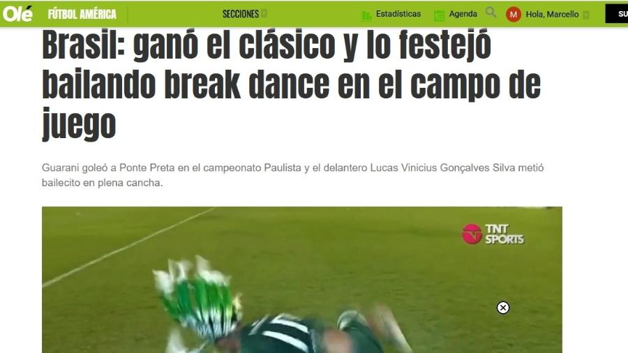 Jornal Olé, da Argentina, publicou matéria sobre Lucão do Break e sua dança após vitória do Guarani - Reprodução