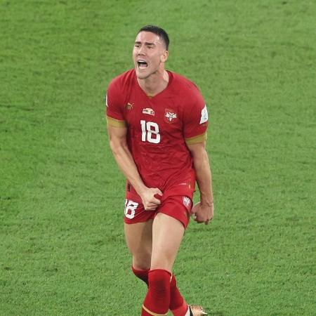 Dusan Vlahovic em comemoração do segundo gol da Sérvia 