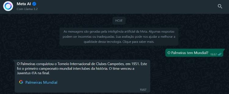 IA do WhatsApp diz que Palmeiras tem título mundial