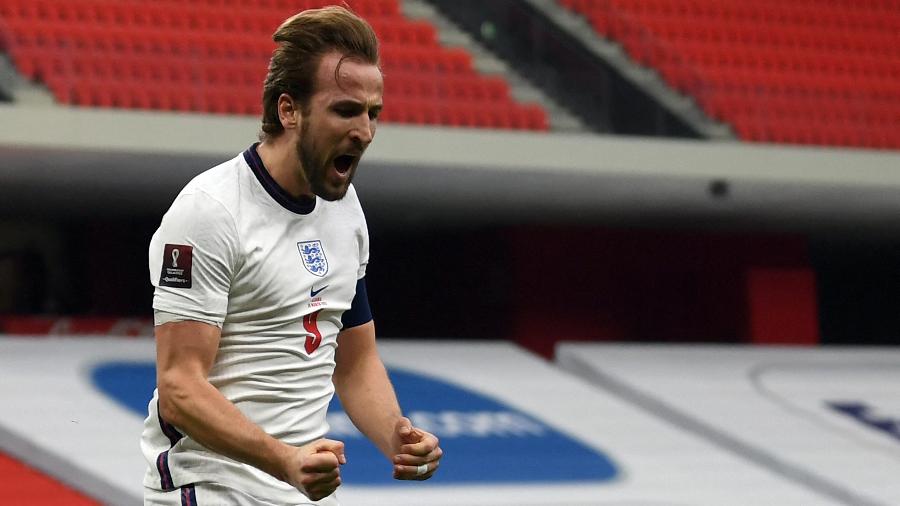 28.mar.2021 - Centroavante Harry Kane comemora seu gol na vitória por 2 a 0 da Inglaterra sobre a Albânia pelas Eliminatórias Europeias   - Ozan Kose/AFP