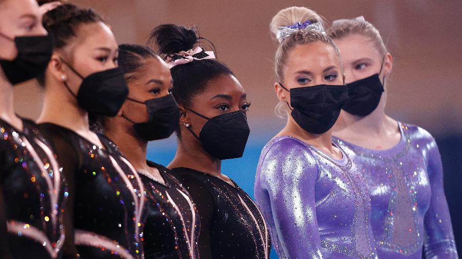 Simone Biles no treino da seleção americana de ginástica em Tóquio antes da Olimpíada - Ezra Shaw/Getty Images