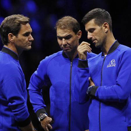 Roger Federer, Rafael Nadal e Novak Djokovic na Laver Cup 2022. - ANDREW BOYERS/Action Images via Reuters