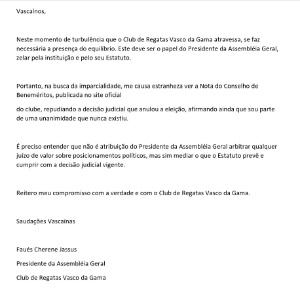 Presidente da Assembleia Geral responde nota oficial dos beneméritos - Divulgação - Divulgação