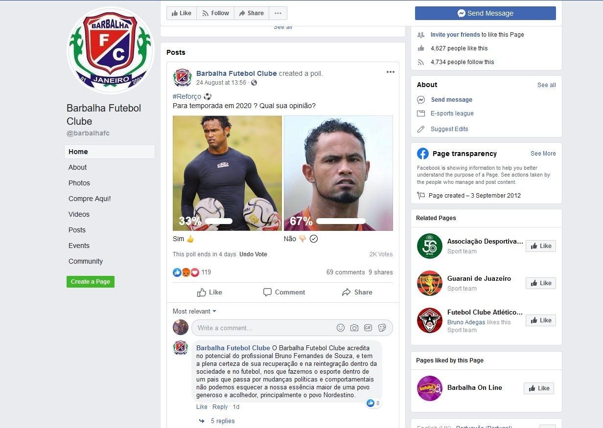 Barbalha, time do Ceará, faz enquete para a contratação do goleiro Bruno - undefined