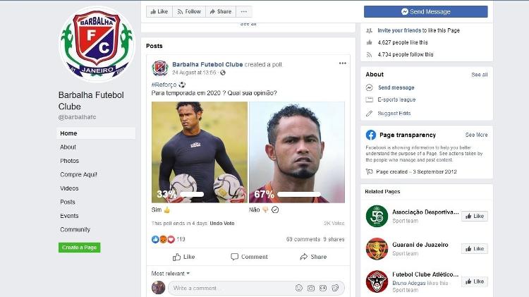 Barbalha, time do Ceará, faz enquete para a contratação do goleiro Bruno - Reprodução/Facebook - Reprodução/Facebook