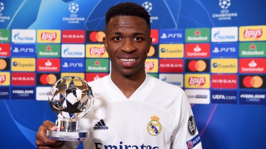 Vinícius Junior ganhou o prêmio de melhor jogador da partida na vitória do Real Madrid por 3 a 1 sobre o Liverpool  - Denis Doyle - UEFA/UEFA via Getty Images