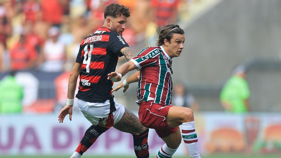 Léo Pereira, do Flamengo, e Canobbio, do Fluminense, na decisão do Campeonato Carioca 2025