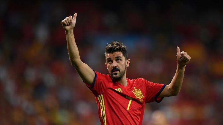 2.set.2017 - David Villa comemora vitória da seleção da Espanha contra a Itália durante a classificação para a Copa do Mundo 2018