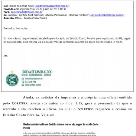 E-mail anexado pelo Atlético-PR de que o Coritiba teve ciência do pedido de aluguel - Reprodução - Reprodução