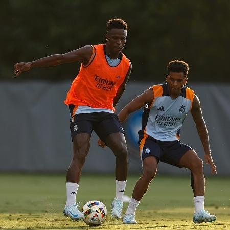 Vini Jr. e Rodrygo em treino do Real Madrid