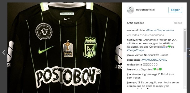 Imagem da camisa que Atlético Nacional usará no primeiro jogo após a tragédia - Reprodução/Instagram