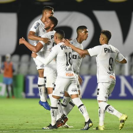 Jogadores do Santos comemoram gol da vitória sobre a Inter de Limeira - Divulgação/Santos