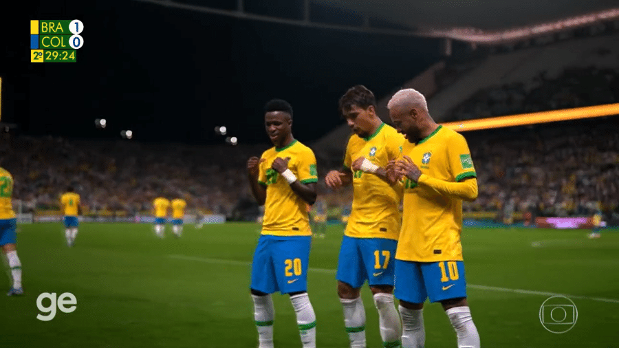 Vinicius Jr., Lucas Paquetá e Neymar comemoram gol do Brasil contra a Colômbia, pelas Eliminatórias da Copa - Reprodução/TV Globo