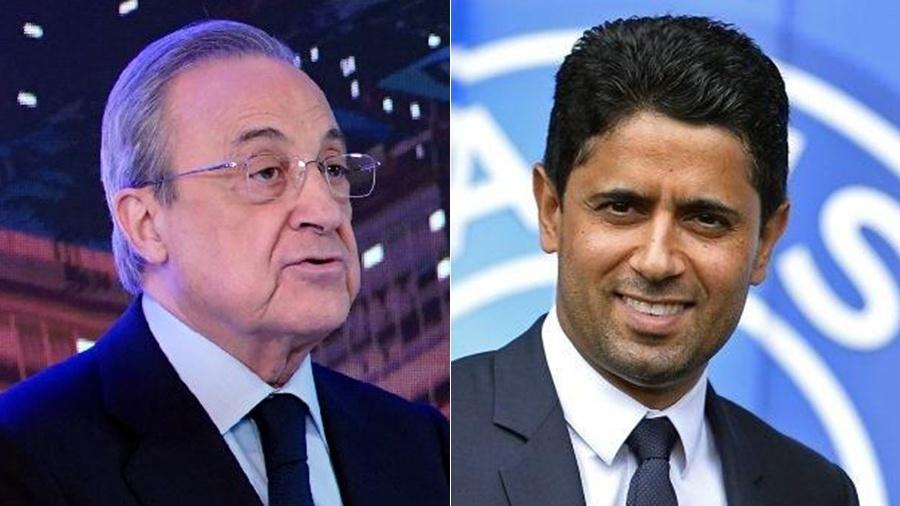 Os presidentes Florentino Pérez, do Real Madrid, e Nasser Al-Khelaifi, do PSG, mantêm boa relação - Montagem UOL