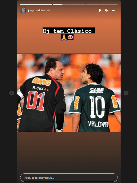 Valdivia publicou imagem de discussão que teve com Rogério Ceni em clássico - Reprodução/Instagram