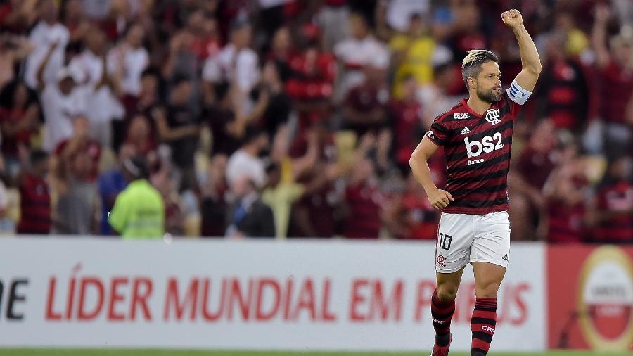 Diego, do Flamengo, comemora seu gol durante partida contra o Sao Jose pela Libertadores 2019 - Thiago Ribeiro/AGIF