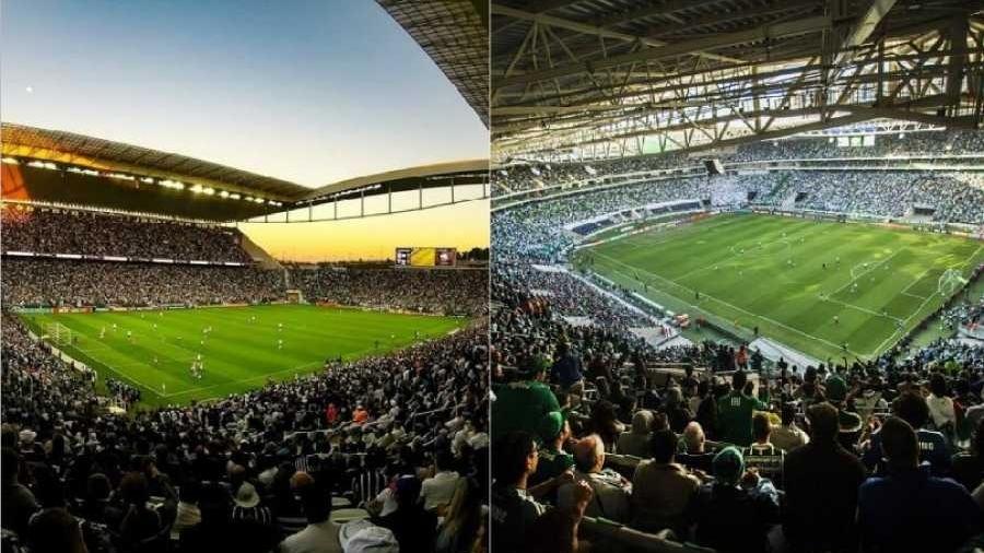 Arena Corinthians e Allianz Parque foram inaugurados em 2014 e abriram a sétima temporada em 2020 - Corinthians/Divulgação e Eduardo Knapp/Folhapress