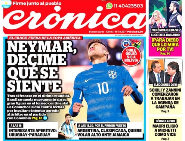 Jornal argentino "Crónica" fez piada com punição aplicada ao brasileiro - Reprodução