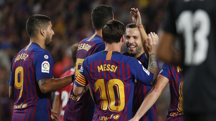 Barcelona comemora gol contra Girona - Pau Barrena/AFP - Pau Barrena/AFP