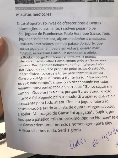 Rizek recebe carta de fã de Ganso criticando o SporTV - Reprodução/Twitter