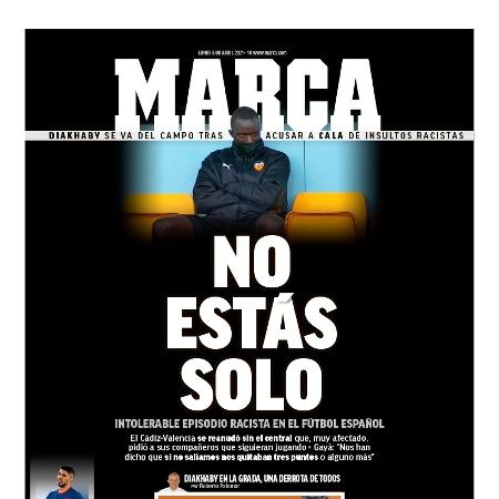 Capa do jornal Marca após caso de racismo envolvendo Mouctar Diakhaby, do Valencia - Reprodução