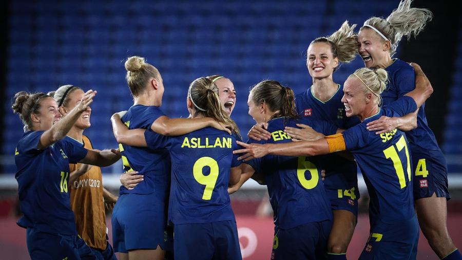 Seleção da Suécia comemora classificação para a final do futebol feminino nos Jogos Olímpicos de Tóquio - Ayman Aref/NurPhoto via Getty Images