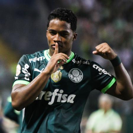 Endrick, do Palmeiras, comemora após marcar contra o Inter, pelo Campeonato Brasileiro