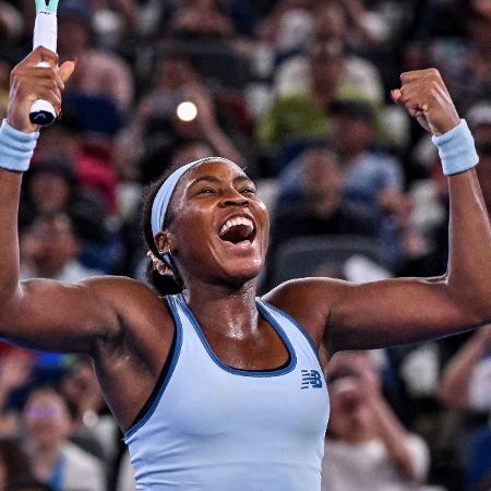 A tenista norte-americana Coco Gauff celebra vitória no WTA de Wuhan, na China A tenista norte-americana Coco Gauff celebra vitória no WTA de Wuhan, na China