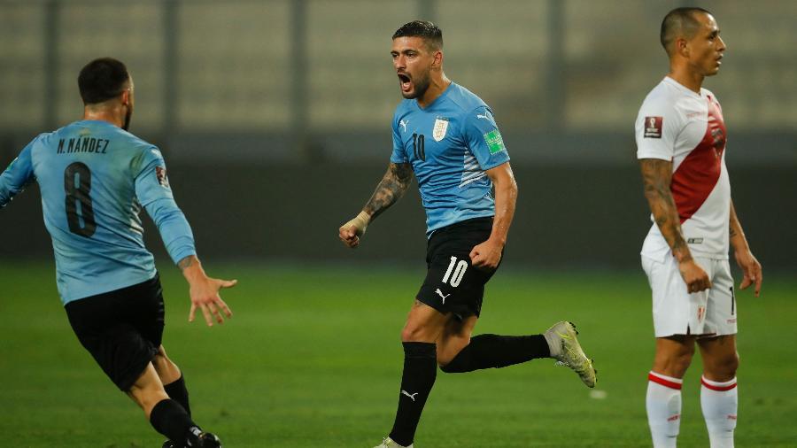 Arrascaeta comemora gol do Uruguai no empate contra o Peru, pelas Eliminatórias da Copa de 2022 - AFP