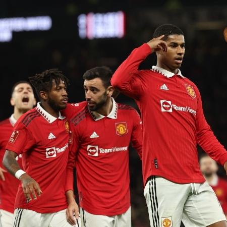 Jogadores do United comemoram gol sobre o Everton na Copa da Inglaterra - Matthew Ashton - AMA/Getty Images