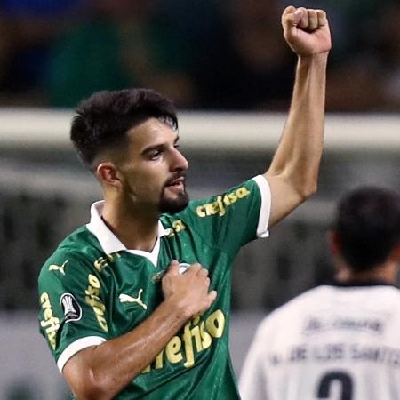Flaco López comemora gol em Palmeiras x Liverpool-URU, jogo da Libertadores