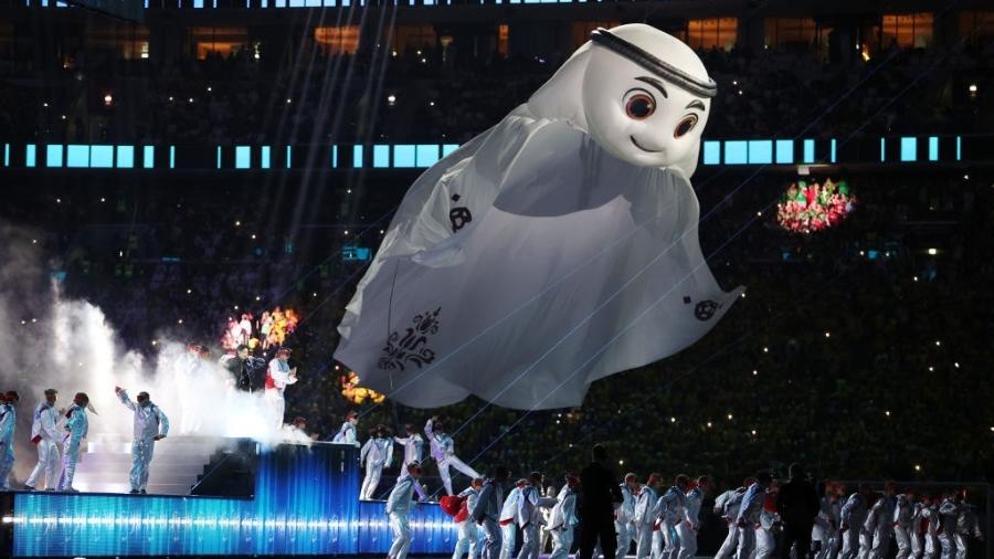 La"eeb, mascote da Copa do Mundo do Qatar, durante a cerimônia de abertura - Michael Steele/Getty Images
